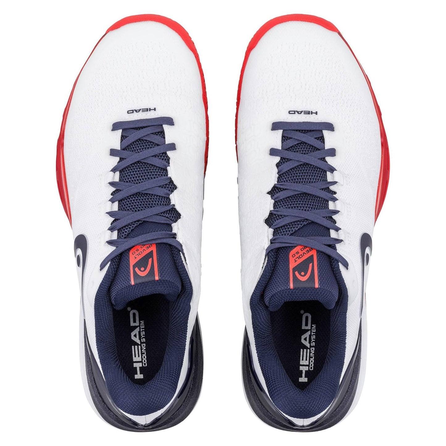 A pair of HEAD Revolt Pro 5.0 Mens Tennis Shoes in White/Navy, featuring navy laces, navy and black interior, red-accented soles. "HEAD" appears on the tongue and insole—ideal for baseline players.