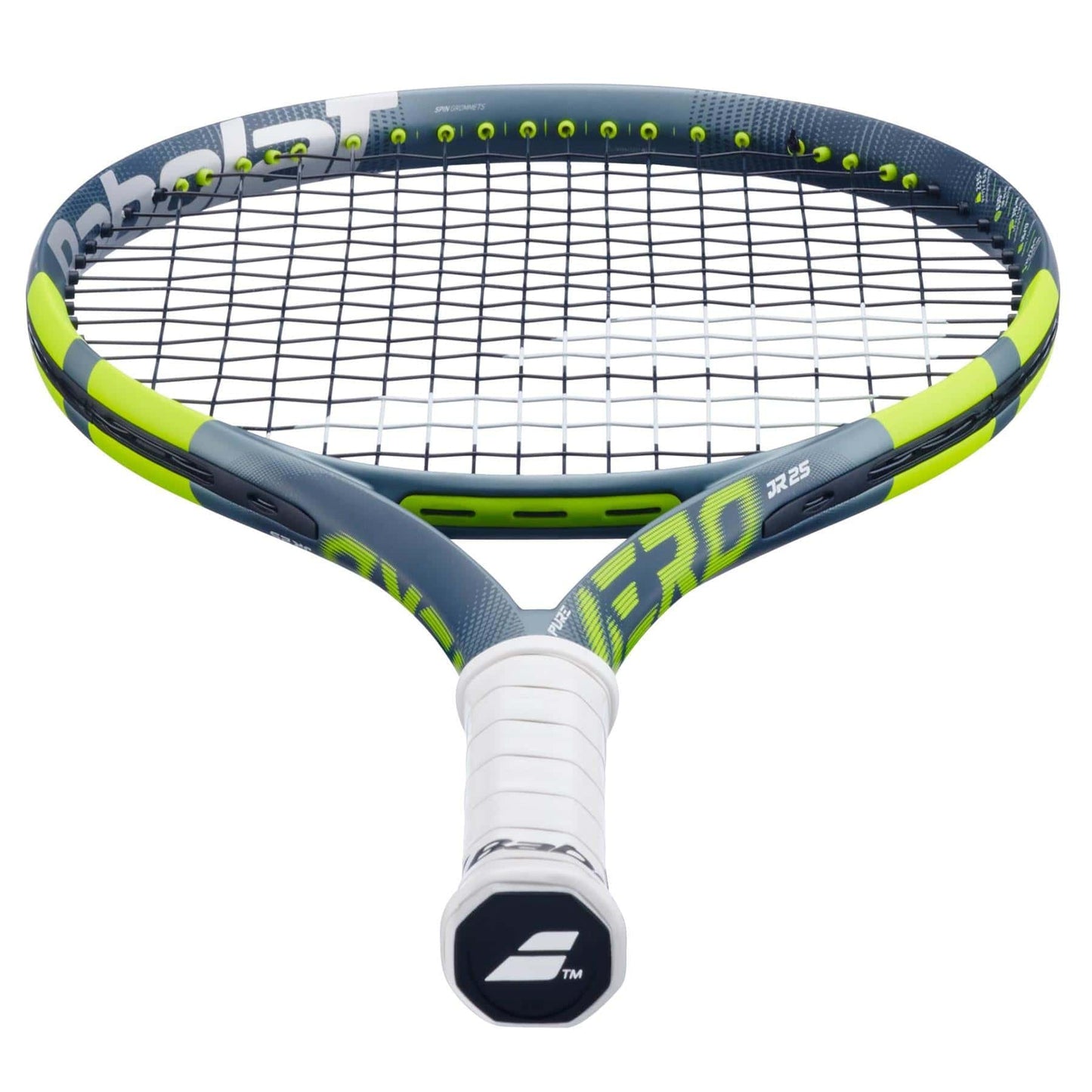 The Babolat Pure Aero Junior 25 Tennis Racket 2026 features a grey, green, and yellow frame, black strings, and a white grip—ideal for junior players seeking advanced spin technology.