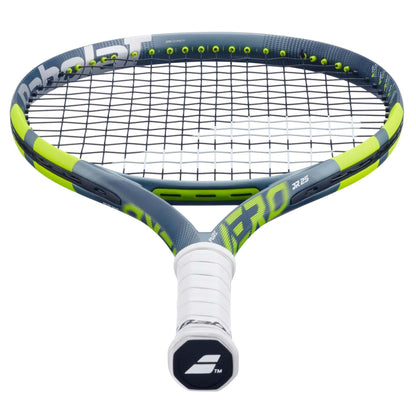 The Babolat Pure Aero Junior 25 Tennis Racket 2026 features a grey, green, and yellow frame, black strings, and a white grip—ideal for junior players seeking advanced spin technology.