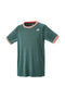 The Yonex 10560 Men's Tennis T-Shirt in Olive Green features short sleeves and a subtle swirling pattern. It includes red and white striped trim on the crew neck and sleeve cuffs, along with a small paw print logo on the chest. Designed with VeryCool technology for UV reduction, it's ideal for sunny days.