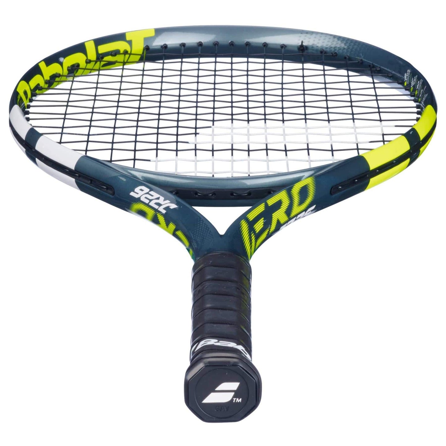 A close-up of the Babolat Aero Junior 26 Tennis Racket 2026 shows its black grip, dark blue graphite composite frame, yellow accents, strings, and clear Babolat branding.