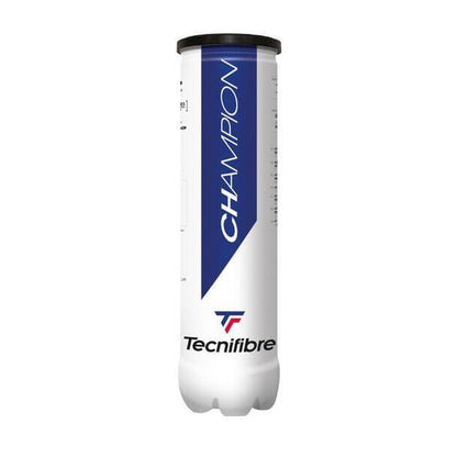 A cylindrical tube of Tecnifibre Champion Tennis Balls, featuring the "Champion" name and a blue and white color scheme, promises durability for extensive practice sessions. The iconic Tecnifibre logo is prominently displayed at the bottom.