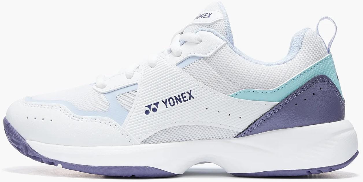 The Yonex Pro-Move Classic Junior Tennis Shoes in White/Sax offer a breathable mesh upper, textured side panels, and a cushioned sole for comfort—a stylish choice from Yonex for junior players.