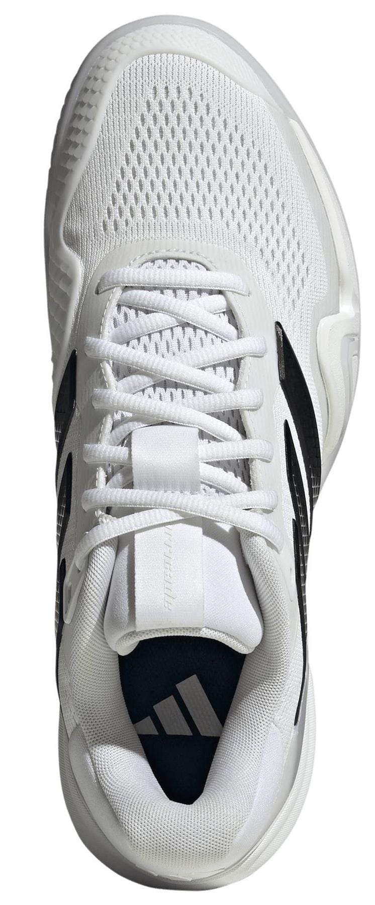 Top view of the adidas Barricade 14 Men's Tennis Shoes in white, featuring black accents, mesh details, laces, and adidas branding on the tongue—a stylish choice for court performance.