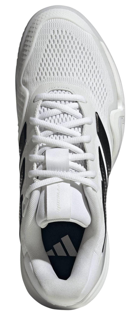 Top view of the adidas Barricade 14 Men's Tennis Shoes in white, featuring black accents, mesh details, laces, and adidas branding on the tongue—a stylish choice for court performance.