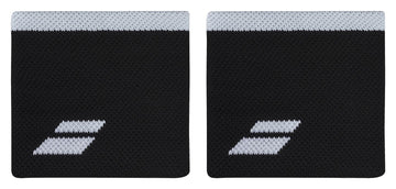 The Babolat Logo Wristband in black and white features a design with a white stripe at the top and two diagonal rectangles as its logo. These wristbands are absorbent, providing comfort during play.
