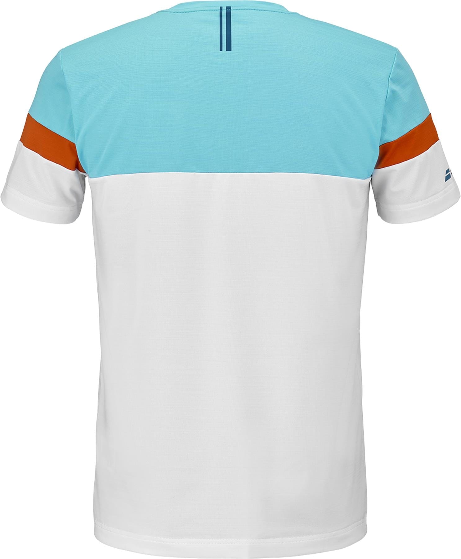 Back view of the Babolat Crew Neck Mens Tennis T-Shirt in white, featuring a light blue upper section, orange sleeve bands, a small dark blue vertical stripe by the collar, and a stylish crew neck design. Brand: Babolat.