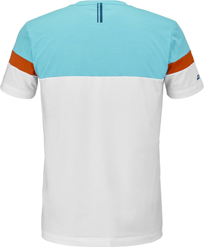 Back view of the Babolat Crew Neck Mens Tennis T-Shirt in white, featuring a light blue upper section, orange sleeve bands, a small dark blue vertical stripe by the collar, and a stylish crew neck design. Brand: Babolat.
