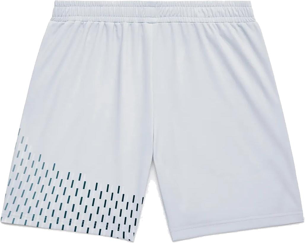 The Yonex 15241EX Knit Men's Tennis Shorts in Silver Grey feature an elastic waistband and a pattern of small black dashes on the lower left leg, combining comfort and style for on-court performance.