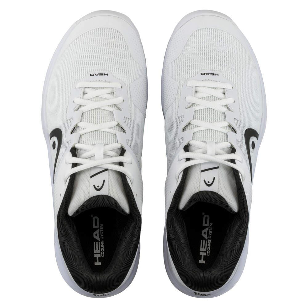 The HEAD Revolt Evo 2.0 Men's Wide Fit Tennis Shoes in white with black accents, prominently showcasing the brand's logo on the tongue and sides, are elegantly arranged side by side against a spotless white backdrop.