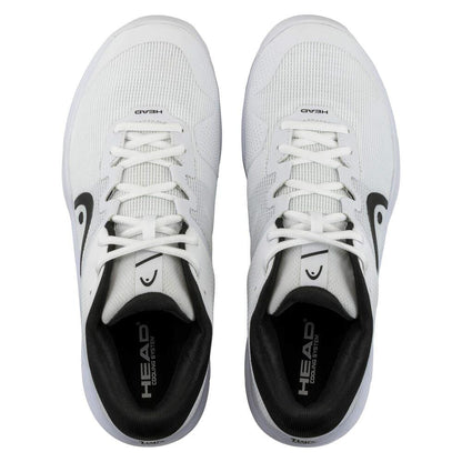 The HEAD Revolt Evo 2.0 Men's Wide Fit Tennis Shoes in white with black accents, prominently showcasing the brand's logo on the tongue and sides, are elegantly arranged side by side against a spotless white backdrop.