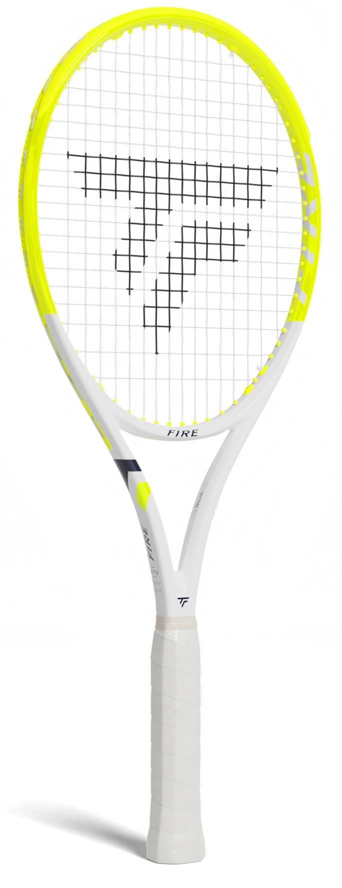 The Tecnifibre Fire 270 Tennis Racket by Tecnifibre, in white and yellow with a wrapped grip and stylized "T" logo on the strings, features vibration dampening and stands upright against a white background.