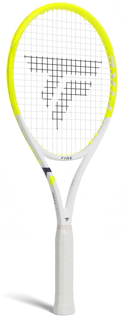 The Tecnifibre Fire 270 Tennis Racket by Tecnifibre, in white and yellow with a wrapped grip and stylized "T" logo on the strings, features vibration dampening and stands upright against a white background.