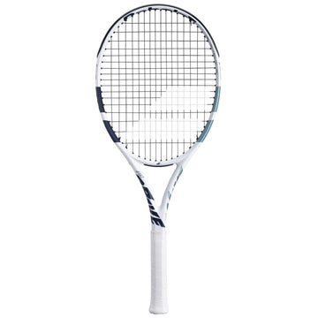 The Babolat EVO Drive Lite Gen 2 Tennis Racket in white, featuring a blue accent and black string pattern, is photographed upright against a plain white background.