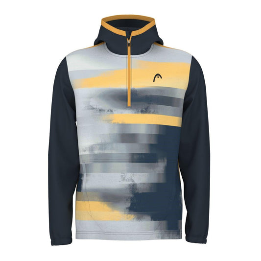 Introducing the HEAD Vision Topspin Men's Tennis Hoodie - NVXV, a fashionable hooded jacket with a half-zip and contemporary design in gray, black, and yellow abstract stripes. Manufactured by HEAD, this hoodie is designed with Moisture Transfer Microfibre technology to ensure you stay cool, featuring dark gray sleeves and hood along with a subtle logo on the chest.