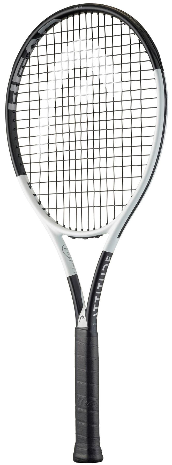 The HEAD MX Attitude SUPRM Tennis Racket by HEAD is a lightweight black and white tennis racket with a black grip, black strings, and "ATTITUDE" on the frame—ideal for beginners.
