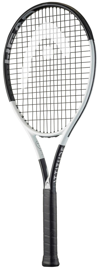 The HEAD MX Attitude SUPRM Tennis Racket by HEAD is a lightweight black and white tennis racket with a black grip, black strings, and "ATTITUDE" on the frame—ideal for beginners.