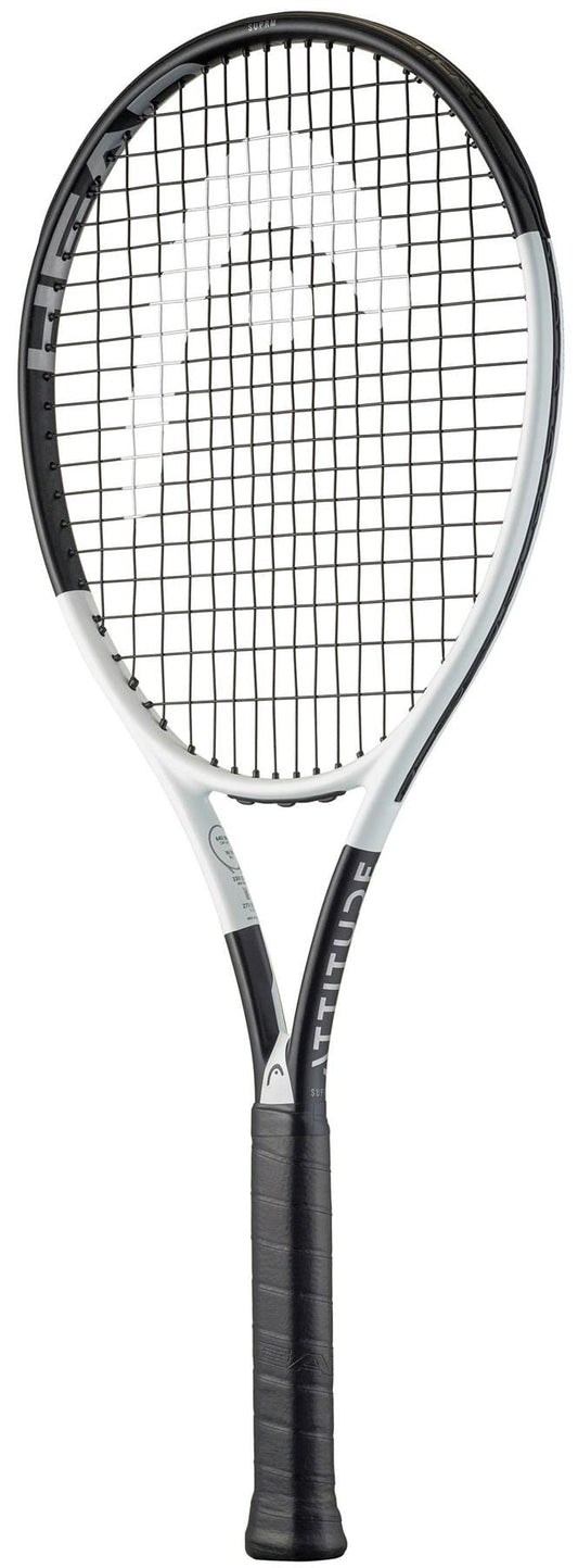 The HEAD MX Attitude SUPRM Tennis Racket by HEAD is a lightweight black and white tennis racket with a black grip, black strings, and "ATTITUDE" on the frame—ideal for beginners.