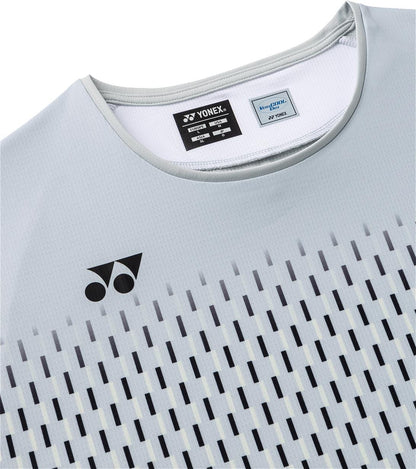 Close-up of the Yonex 10713EX Crew Neck Men's Tennis T-Shirt in Silver Grey, featuring a black Yonex logo on the chest, subtle vertical line pattern, visible neckline and tags, and advanced moisture management fabric.