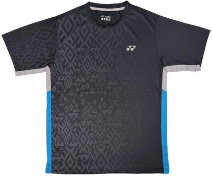 The Yonex YTM11 Men's Tennis T-Shirt in black features a dark geometric pattern, blue side panels, light gray cuffs, and a small white logo. Made with Air-Release fabric for fast drying. Displayed flat on a plain background.