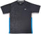 The Yonex YTM11 Men's Tennis T-Shirt in black features a dark geometric pattern, blue side panels, light gray cuffs, and a small white logo. Made with Air-Release fabric for fast drying. Displayed flat on a plain background.