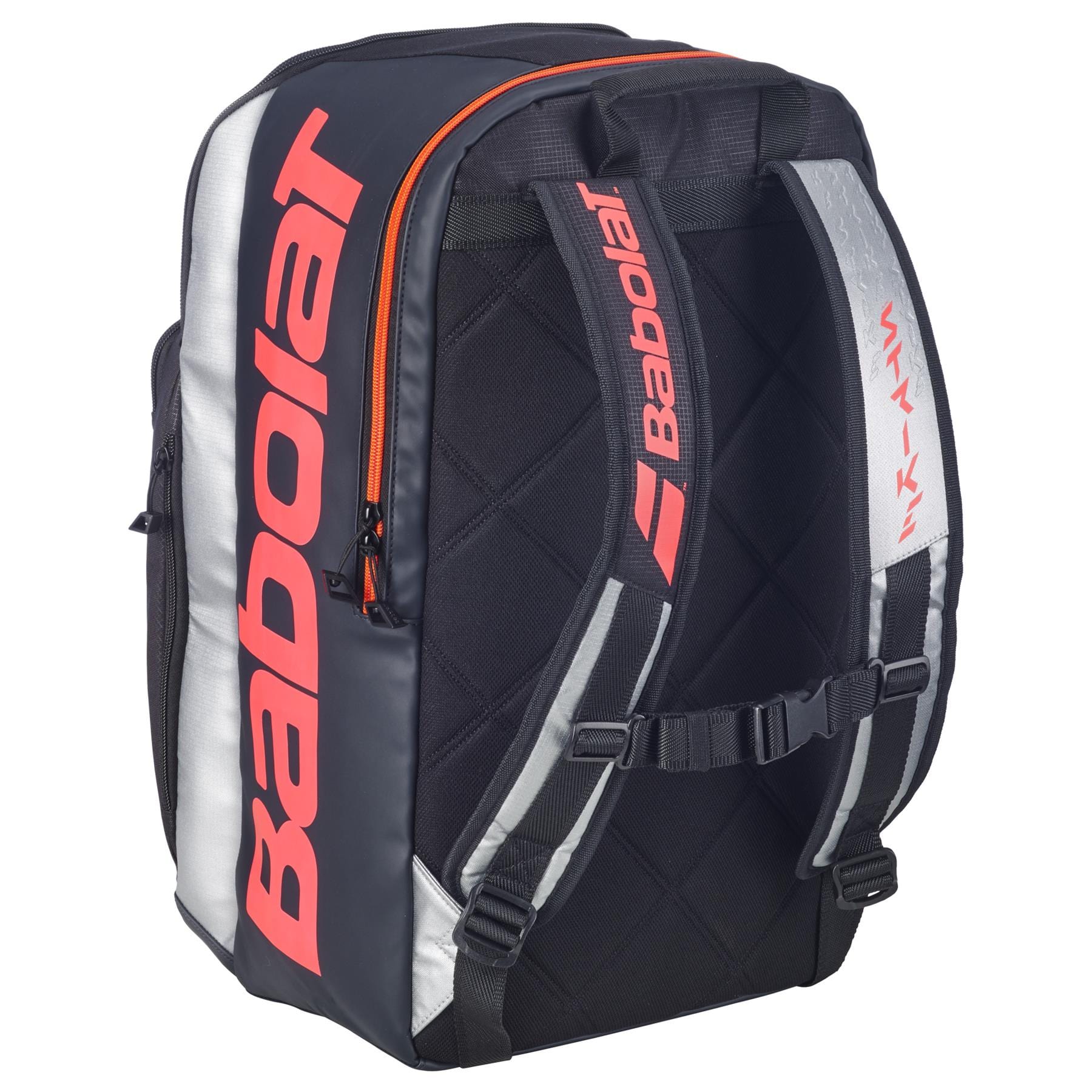 The Babolat Pure Strike Tennis Backpack - Carbon Grey is shown from the back, featuring padded adjustable shoulder straps with "Babolat" branding, a chest strap, and a zippered main compartment—perfect for tennis gear.