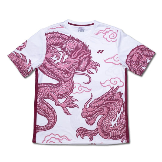 Introducing the Yonex CNY2024 Fighting Dragons Men's Tennis T-Shirt in White. This sophisticated shirt showcases an intricate design of two red fighting dragons encircled by clouds, with the detailed artwork adorning both the front and sides. Near the neckline, a small logo celebrates Chinese New Year with flair and style.