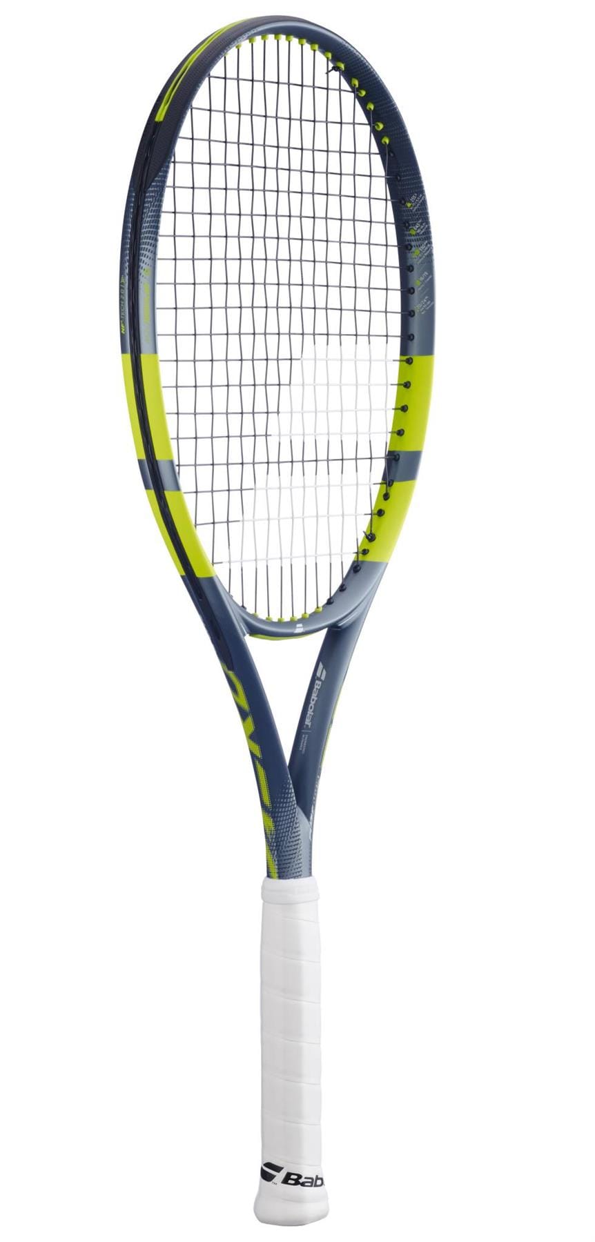 The Babolat Pure Aero Lite 2026 Tennis Racket by Babolat is shown upright against a white background, highlighting its blue, yellow, and black colors, white grip, lightweight build, and spin-friendly design.