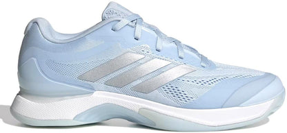 The adidas Avacourt 3 Women’s Tennis Shoes in Crystal Sky, Silver Metallic, and Cloud White feature mesh and synthetic materials for breathability and support, with silver three-stripes, a white midsole, and a light blue outsole.