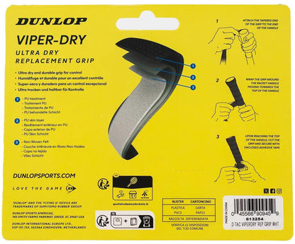 The back packaging of the Dunlop ATP Viper Dry Replacement Tennis Grip - White by Dunlop features sweat absorption, a durable grip image, illustrated step-by-step wrapping instructions, and a barcode in the bottom right corner.