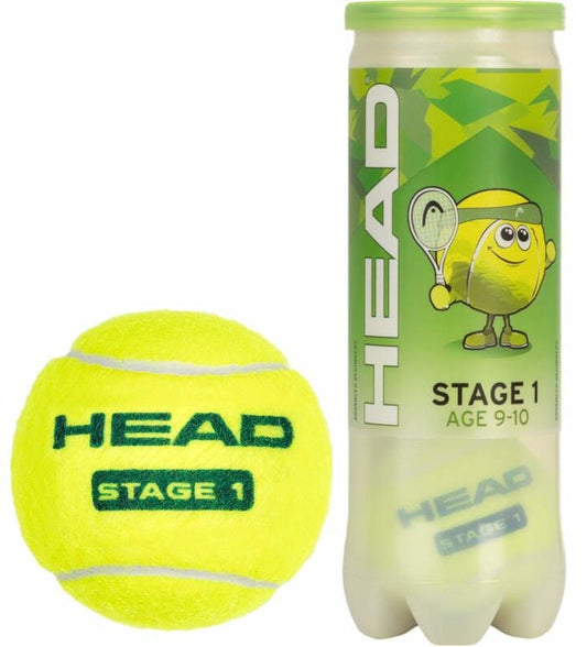 A canister of HEAD 3B Stage 1 Tennis Balls - Green stands next to a yellow HEAD tennis ball, with packaging featuring a cartoon tennis ball character holding a racket.
