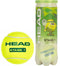 A canister of HEAD 3B Stage 1 Tennis Balls - Green stands next to a yellow HEAD tennis ball, with packaging featuring a cartoon tennis ball character holding a racket.