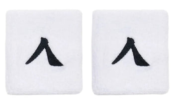 The Kanso 7cm Wristband 2 Pack in white, displayed on a white backdrop, are crafted from absorbent fabric and each features a black symbol at the center, capturing the brand's essence with their simple yet impactful design.
