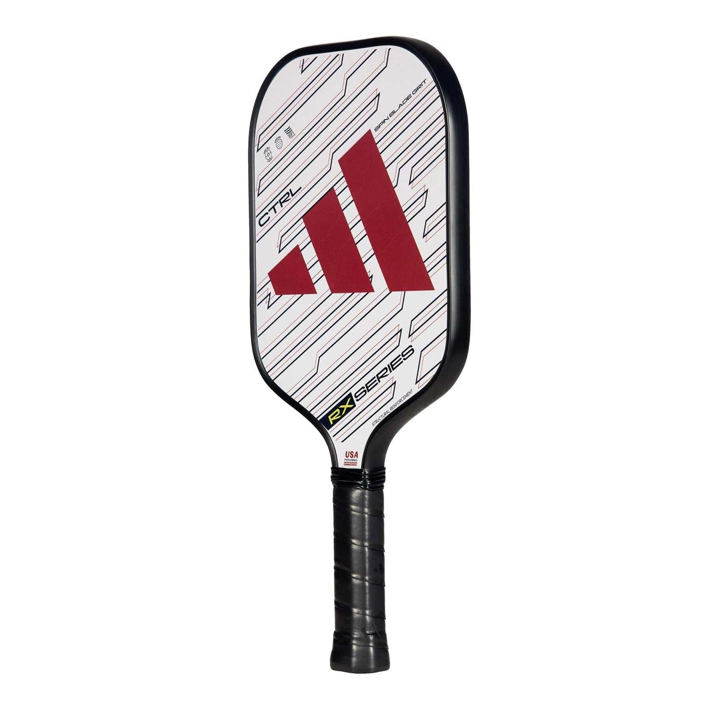The adidas ADIDAS RX CTRL 3.3 Pickleball Paddle in white features a geometric design, red logo, black edge guard and textured handle, plus Spin Blade Grit surface and HD Polypropylene Honeycomb Core for top performance.