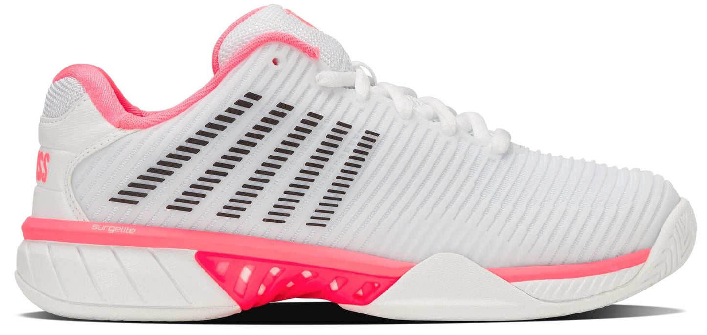 The K-Swiss Hypercourt Express 2 Women's Tennis Shoe in White/Pastel Pink/Black features a textured upper, black diagonal stripes, pastel pink accents, white laces, low-cut design, and delivers excellent cushioning and stability.