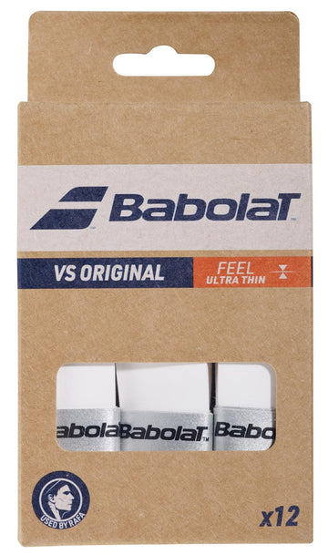 A beige Babolat package with blue and orange accents and logo contains 12 absorbent white VS Original ultra-thin tennis overgrips, visible through a section.