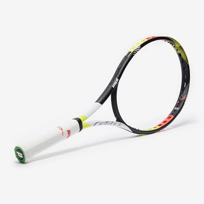A Prince Ripstick 100 300g Tennis Racket with a black, red, and yellow frame rests on a white background. Its stringless design emphasizes its contemporary features and prominent branding on the shaft for ultimate power.