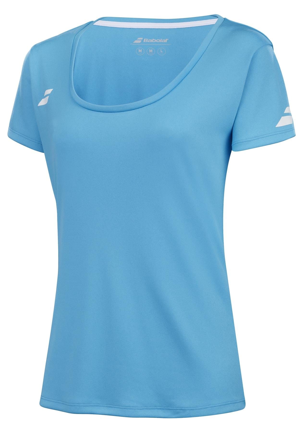 The Babolat Play Women's Tennis Cap Sleeve Top in Cyan Blue is crafted from recycled polyester, featuring short sleeves, a round neckline, and small logos on both the chest and sleeve. This lightweight and breathable top is ideal for tennis or casual wear.