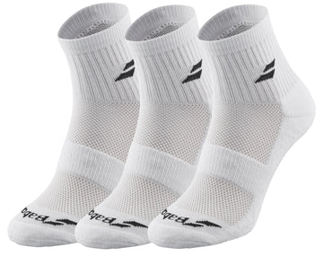 Displayed in a row are the Babolat Quarter 3 Pack Tennis Socks - White, each featuring black logos and ribbed cuffs. These socks provide comfort and support, with ventilated zones and mesh-like sections for optimal breathability.