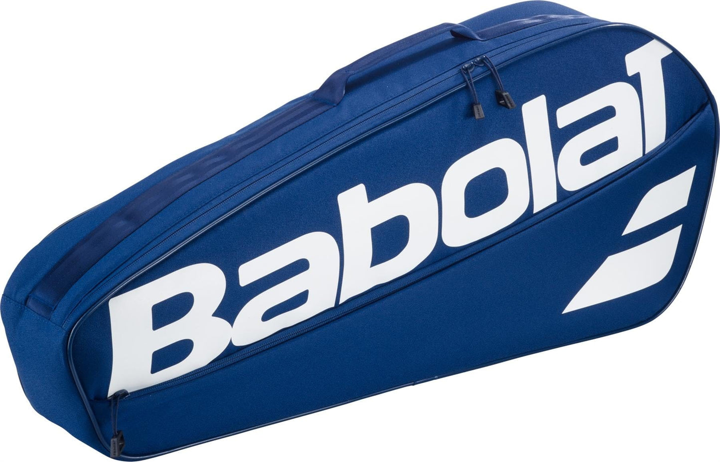 The Babolat Court XS 3 Racket Tennis Bag - Blue features a large white Babolat logo and zipper, offering a compact design to carry rackets and gear.
