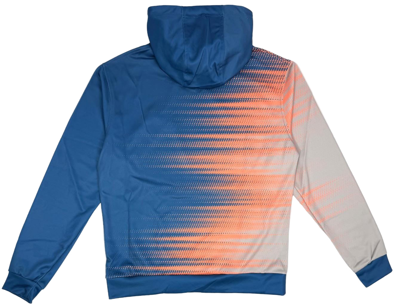 The Yonex YHD2025 Unisex Tennis Hoodie - Sunset features a blue design with an orange and white gradient dot pattern on the back, a light gray left sleeve with orange dots, and quick-dry Poly-Tech Knit fabric for comfort.