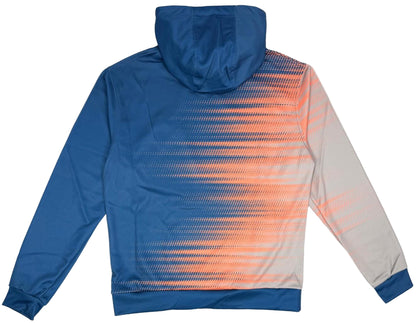 The Yonex YHD2025 Unisex Tennis Hoodie - Sunset features a blue design with an orange and white gradient dot pattern on the back, a light gray left sleeve with orange dots, and quick-dry Poly-Tech Knit fabric for comfort.