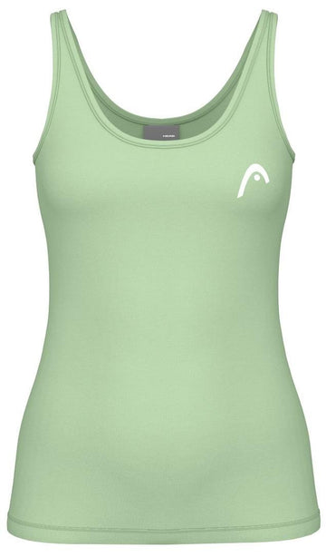 The HEAD Spirit II women's tennis tank top in Celeste features a scoop neckline and a white logo on the upper left, made from moisture-wicking microfiber with cooling technology. Its soft, stretchy fabric is ideal for casual and athletic use.