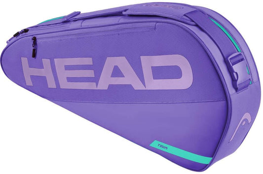 The HEAD Tour 3 Racket Tennis Bag S - Purple by HEAD features a large lighter purple logo, a zippered main compartment, teal bottom accent, and offers easy carrying with both a handle and shoulder strap.