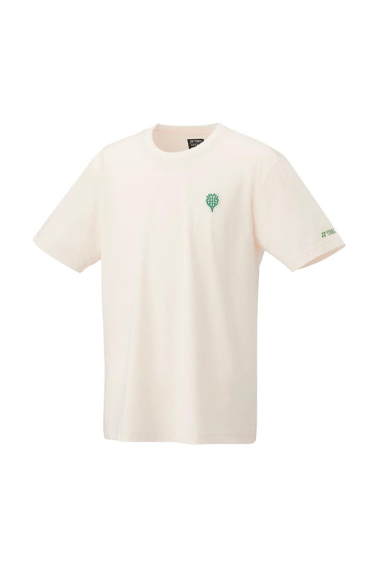 The Yonex Nature Series 16702 T-Shirt in Off White, made from recycled polyester, boasts a small green pine tree graphic on the left chest and a discreet logo on the left sleeve. Its UV reduction feature ensures it blends style with sustainability for any casual outing.
