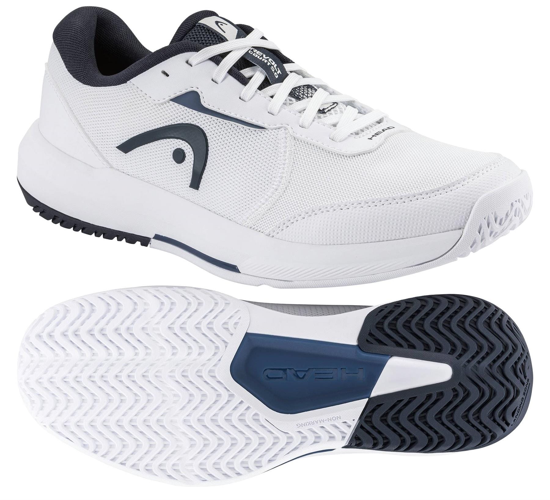The HEAD Revolt Court 5.0 Men's Tennis Shoes in White/Blueberry are shown from the side and bottom, featuring a textured sole, HEAD branding, blue accents, and a design focused on comfort for tennis players.