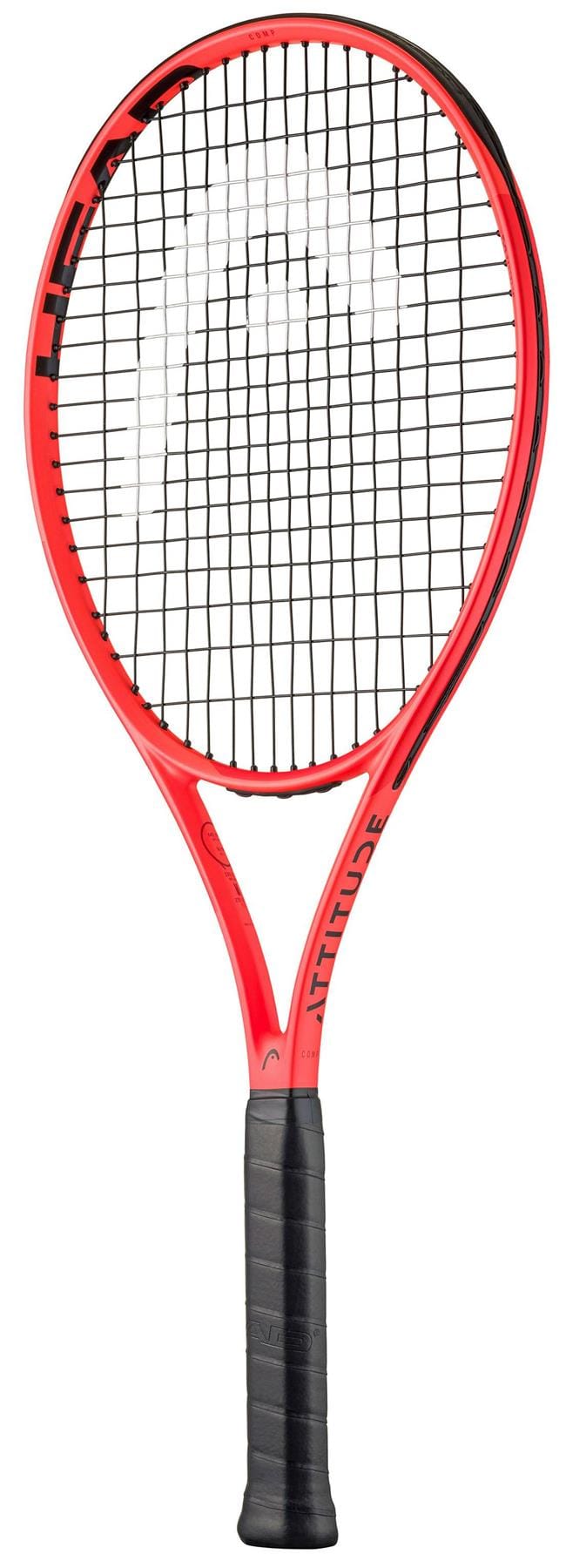 The HEAD MX Attitude COMP Tennis Racket by HEAD features a lightweight red and black design with black grip and strings, "LATITUDE" on the frame, and is ideal for beginners seeking comfortable play.