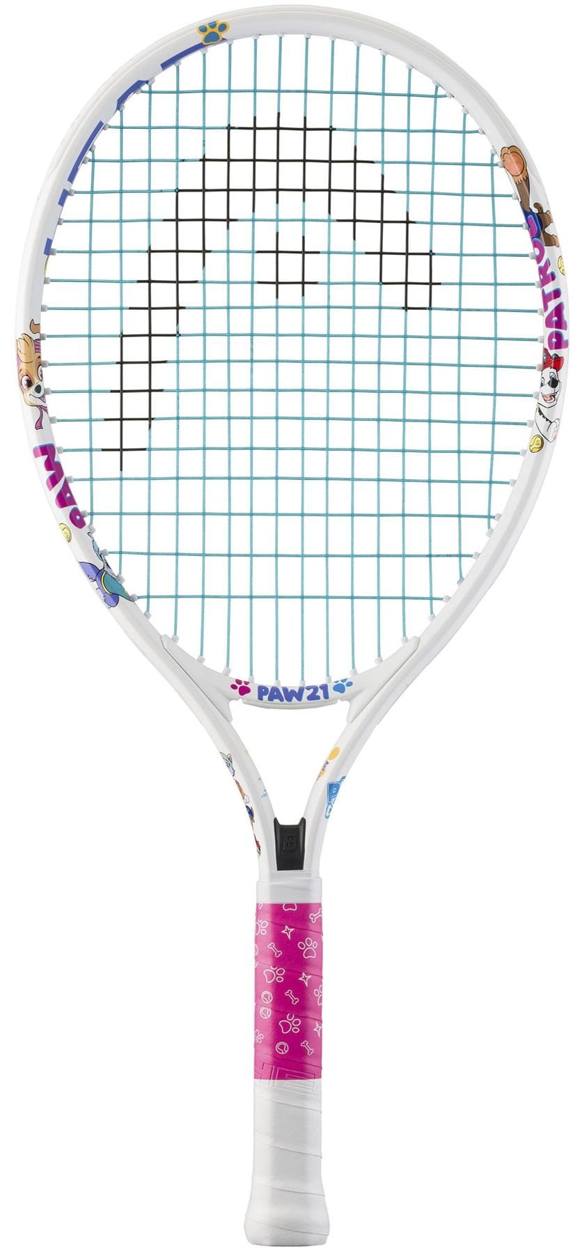 The HEAD x Paw Patrol 21 Junior Tennis Racket—White features cartoon animal designs, blue strings patterned with a “P,” and a pink grip with white shapes and paw prints, making it perfect for young Paw Patrol fans learning tennis.