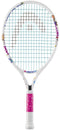 The HEAD x Paw Patrol 21 Junior Tennis Racket—White features cartoon animal designs, blue strings patterned with a “P,” and a pink grip with white shapes and paw prints, making it perfect for young Paw Patrol fans learning tennis.