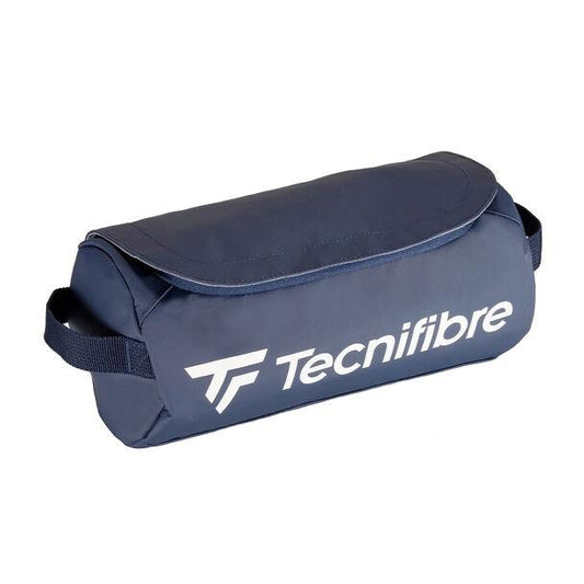 The Tecnifibre Tour Endurance Mini Accessory Bag in navy blue features a handle, flap closure, waterproof material, and white Tecnifibre logo—a stylish and practical travel accessory from the Tour Endurance collection.